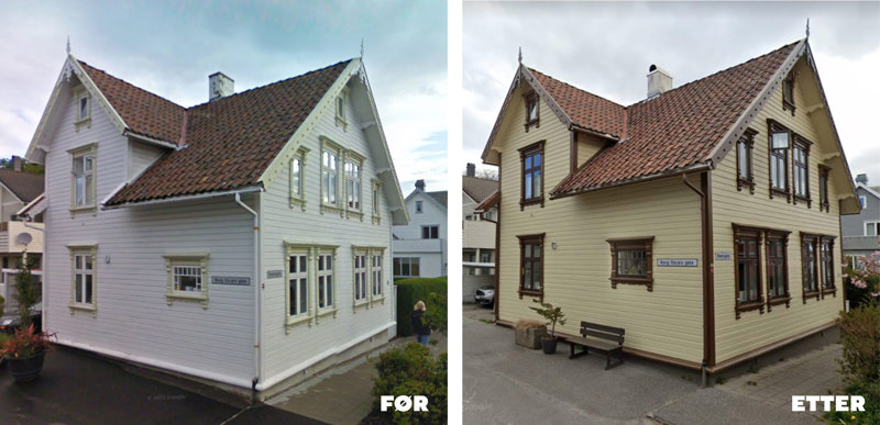 Brønngata 33 før og etter tilbakeføring til stilriktige farger.