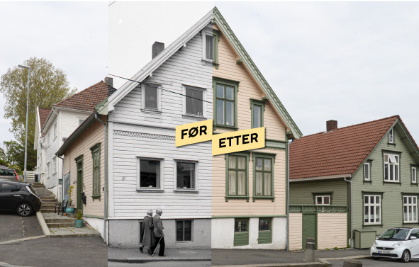 Et sveitserhus før og etter ny maling (hvitt før, gult/grønt nå)