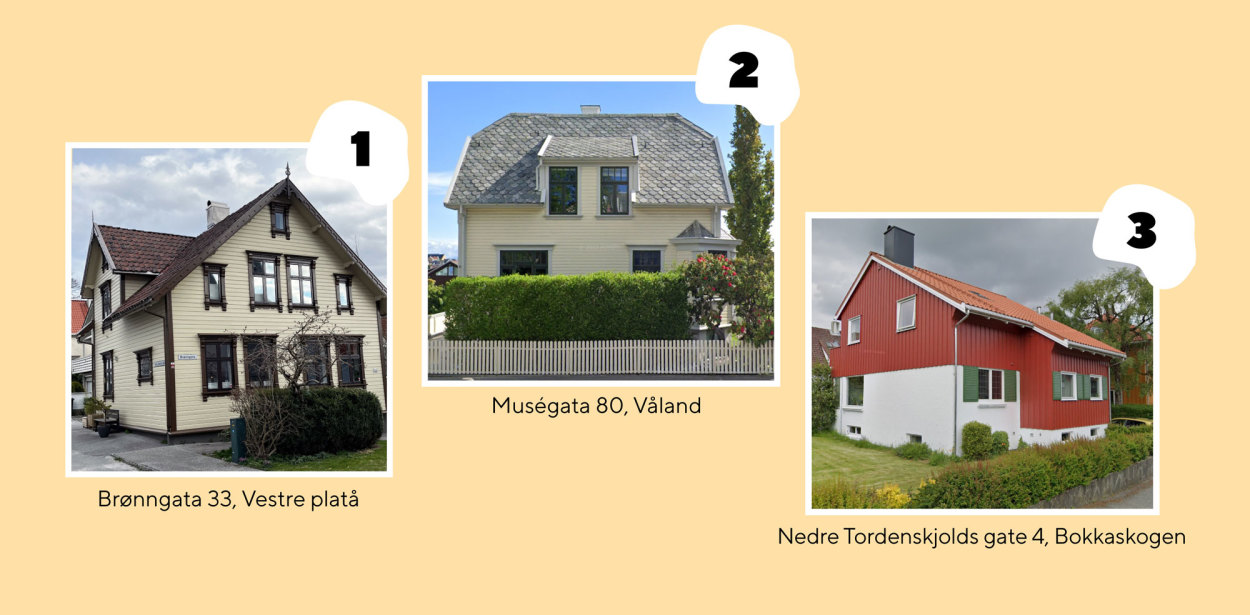 De tre kandidatene: Et lysegult hus på Våland, et rødt i Bokkaskogen og et oker-farga på vestre platå.