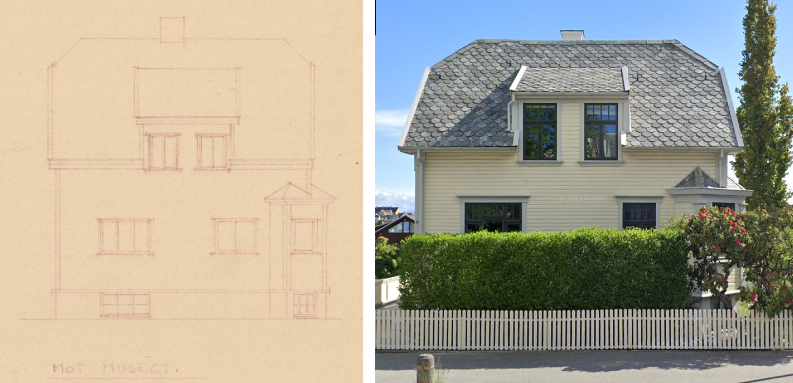 Muségata 80. De lyse fargene, kombinert med mørkere vinduer for å skape dybde i veggen, er typisk for jugendstilen.