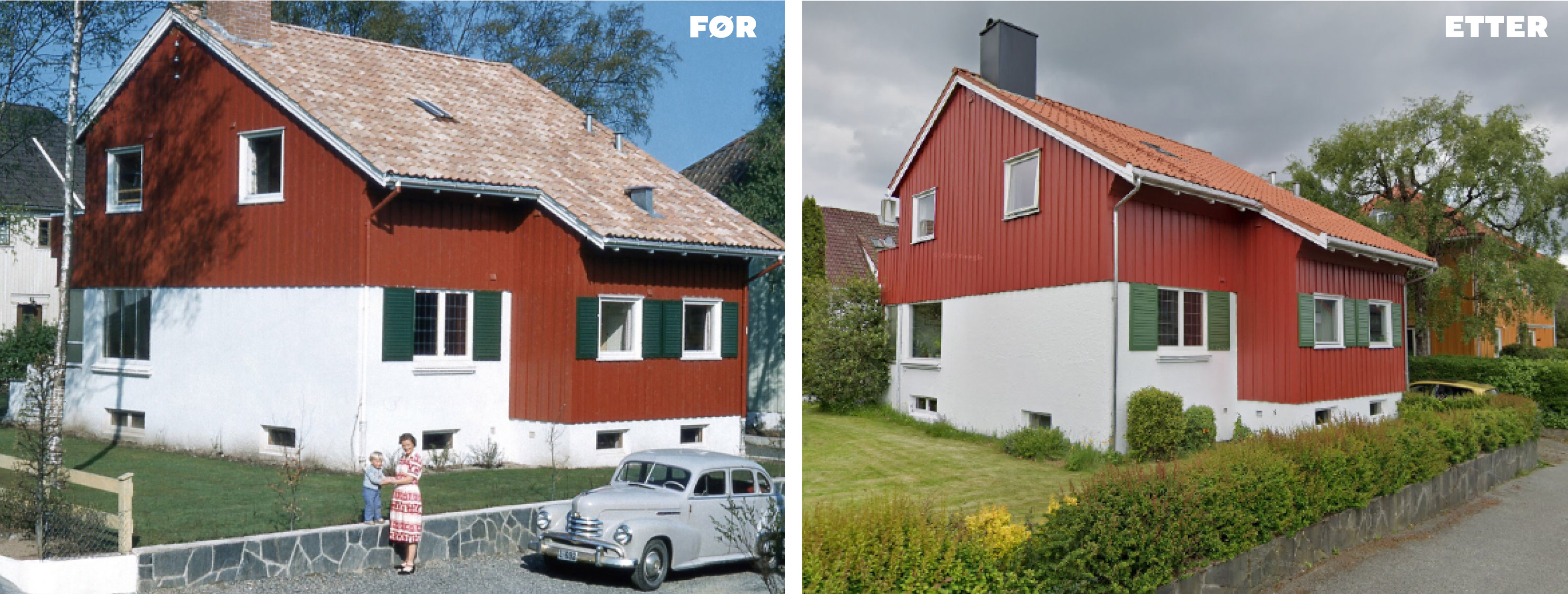 Et bilde av Nedre Tordenskjolds gate 4 på 1950-tallet, og i dag. Her ser vi at huseierne har bevart de opprinnelige fargene fra 1950-tallet.