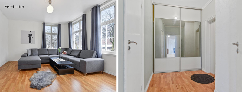 Slik så det ut da nåværende eier kjøpte leiligheten i Øvre Strandgate: Nyere parkett på gulvene, hvite vegger, nedforede tak og slette dører. 