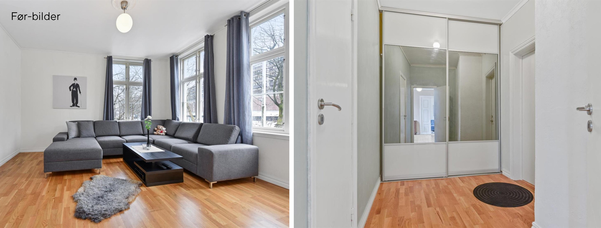 Slik så det ut da nåværende eier kjøpte leiligheten i Øvre Strandgate: Nyere parkett på gulvene, hvite vegger, nedforede tak og slette dører.