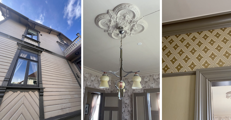 En omhyggelig omsorg for detaljer preger den tidligere postmesterboligen. Her ser vi fasade, taklampe med rosett og mønstrete tapeter inntil malte dørkarmer. 