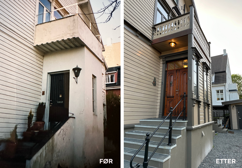 Inngangspartiet fra 1950-tallet er ombygd til sveitserstil og stilriktig inngangsdør er på plass.