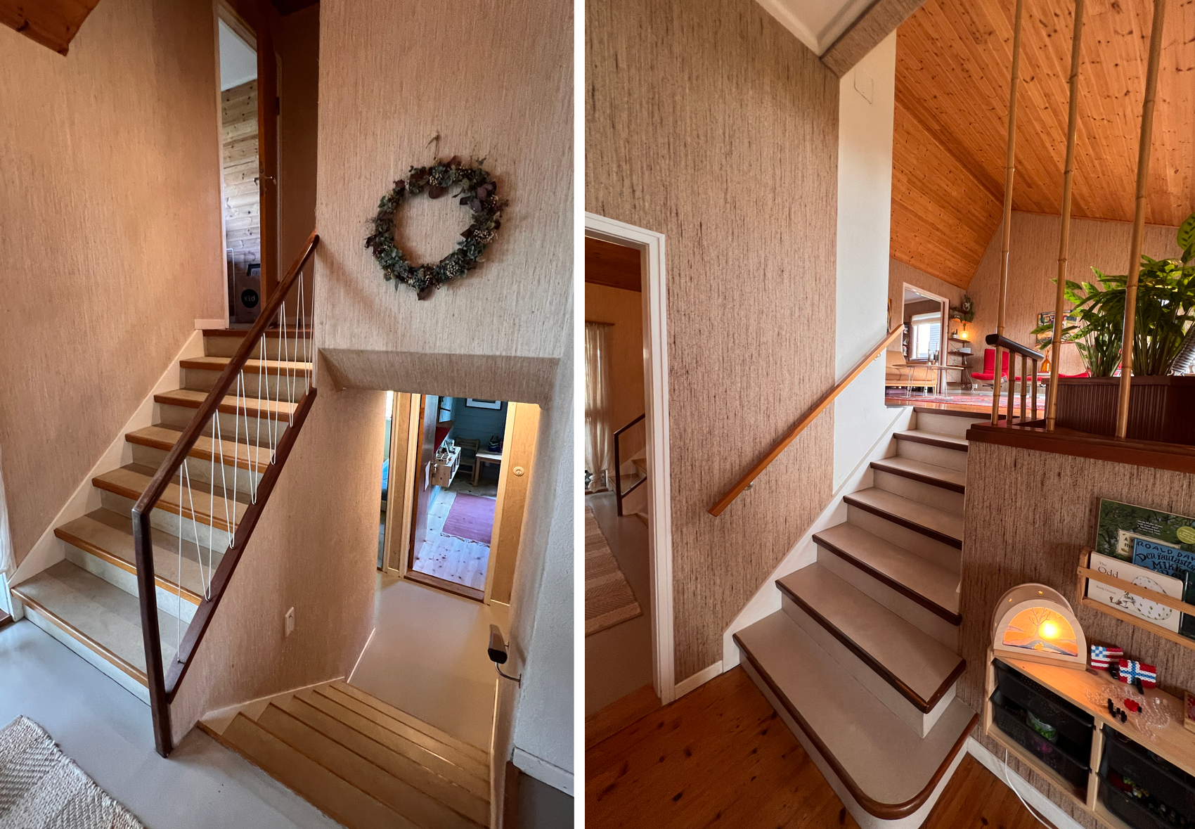 Eneboligen går over halvplan. Trappeløpet og strietapetet i ull er akkurat som i 1958.