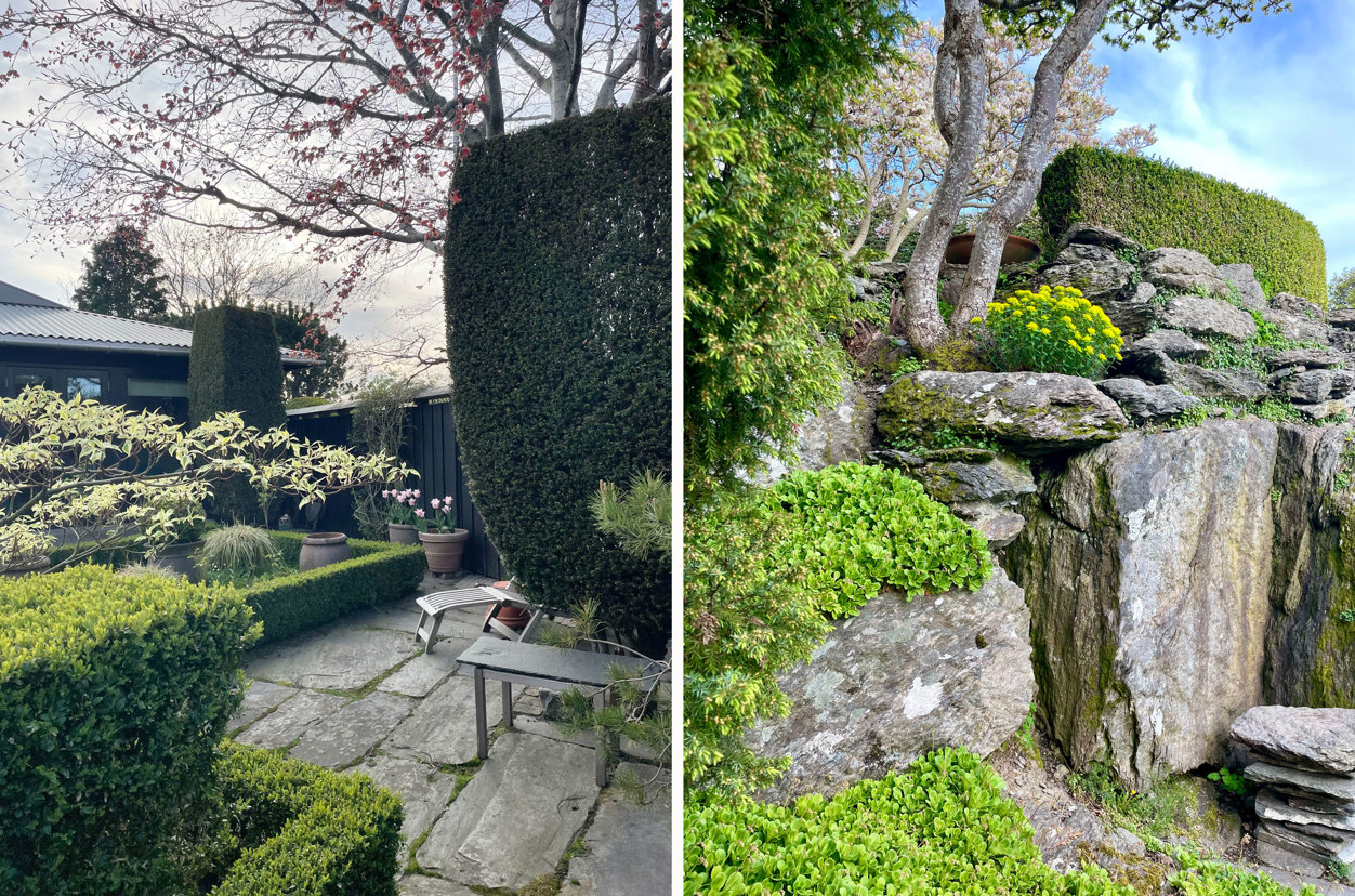 Skiferbelagt bakhage og berg med vekster.