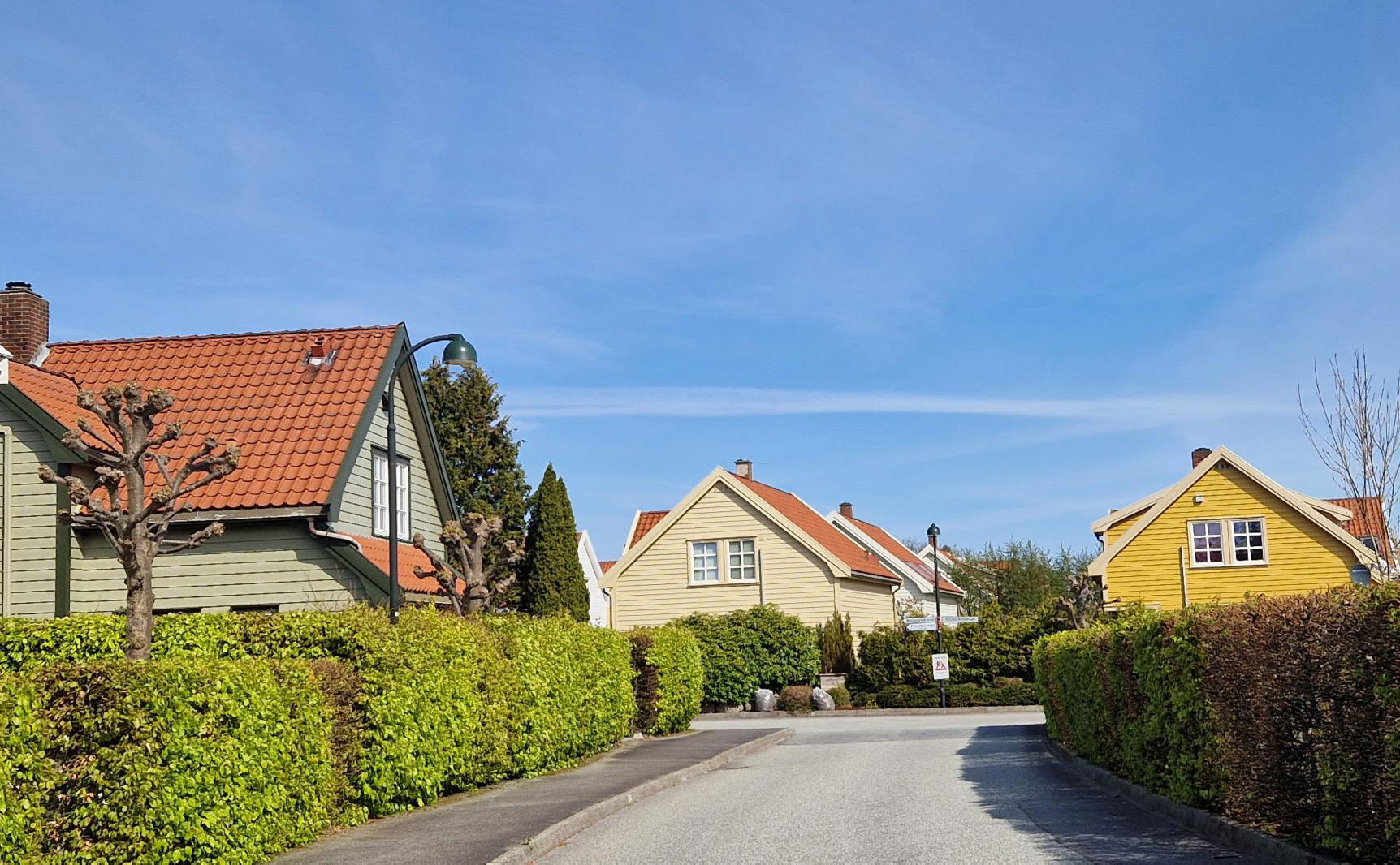 Gate med hekk og fortau, og eneboliger i klassisk stil, med ulike farger.
