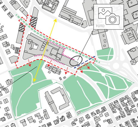 Kart over planlagt bygg og uteareal rundt, med piler og forklaringer. Kun et skissebilde.
