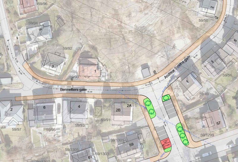 Bildet viser krysset mellom Andrew Smiths gate, Bennetters gate og Seehusens gate.