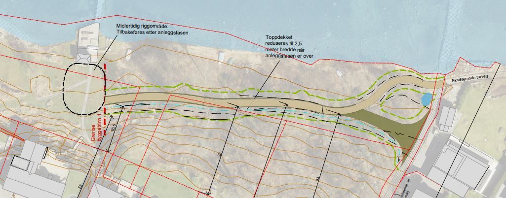 Situasjonsplan som viser 120 meter tursti og midlertidig anleggsvei og riggområde.