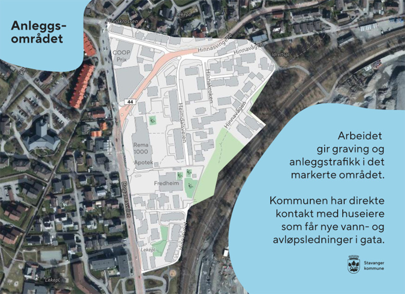 Kart over anleggsområdet, med informasjon om at området blir berørt av anleggsvirksomhet.