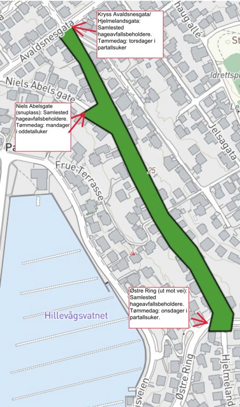 Avmerking i gatekart at hentepunkter for hageavfall 