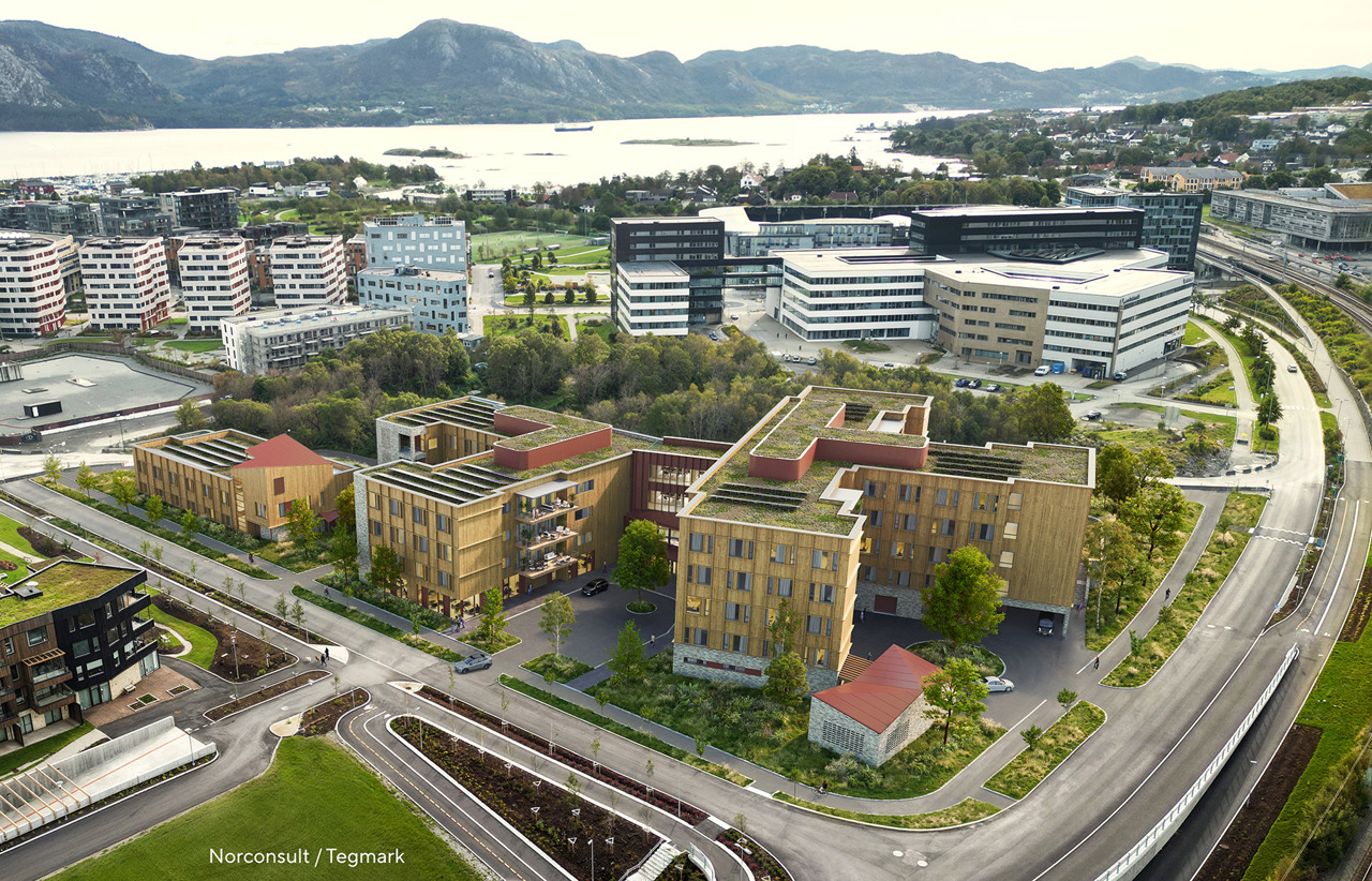 Slik kan Jåttåvågen sykehjem bli seende ut. Endelig utforming skjer i den videre prosjekteringen. Tegning av sykehjemsbygg i 4-5 etasjer