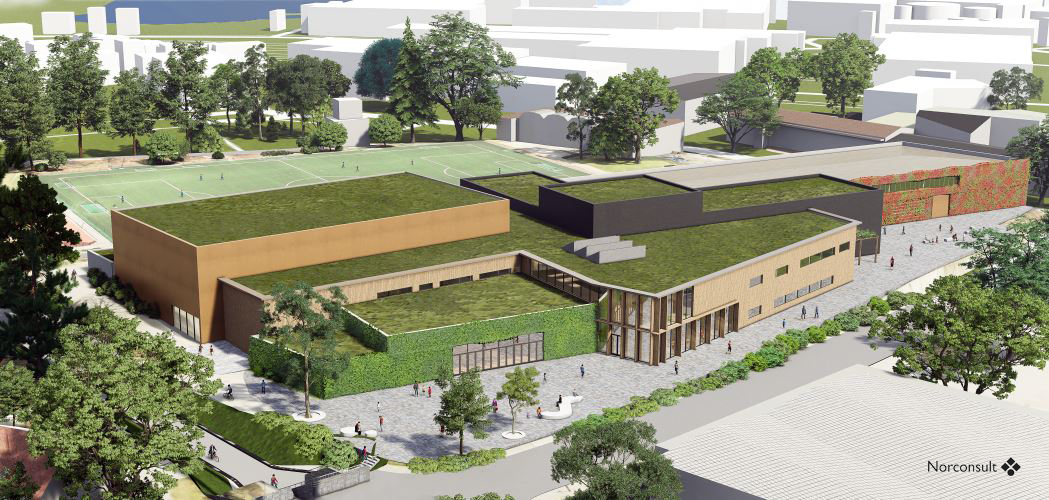 Skisse som viser hvordan aktivitetshuset kan bli, med flate grønne tak.