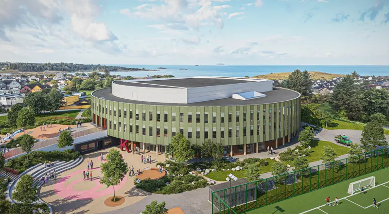 Illustrasjon av et rundt skolebygg omgitt av lekeområder.