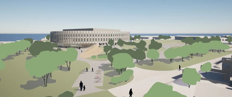 Skisse over ny skole med trær og parkområde i forgrunnen