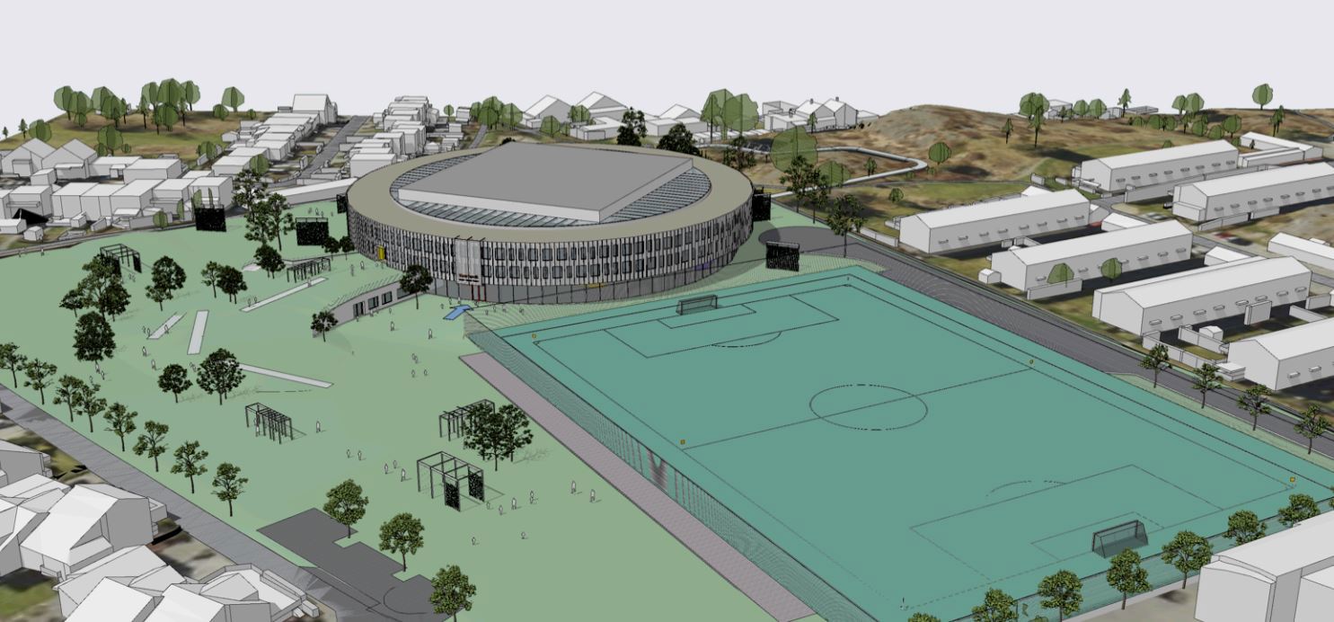 Skisse med idrettsanlegg i forgrunnen og skolebygget i bakgrunnen.