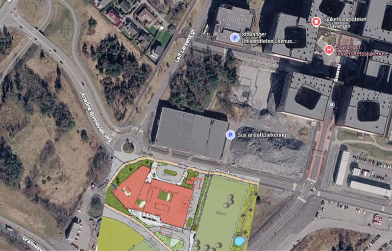 Kaet over området og helsehusets plassering.