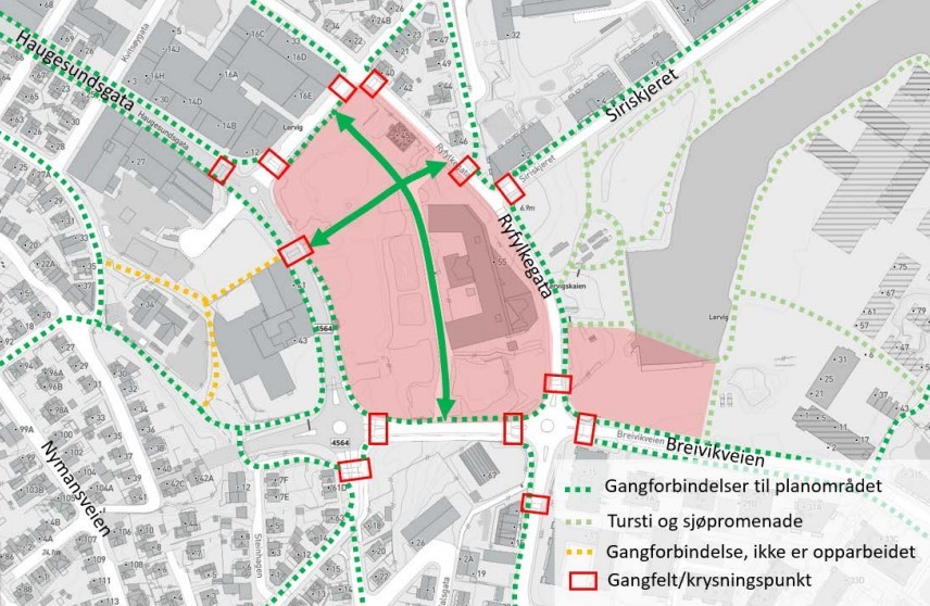 Kart som viser gangveier rundt og krysningspunkt for gående i gatene rundt kvartalet.