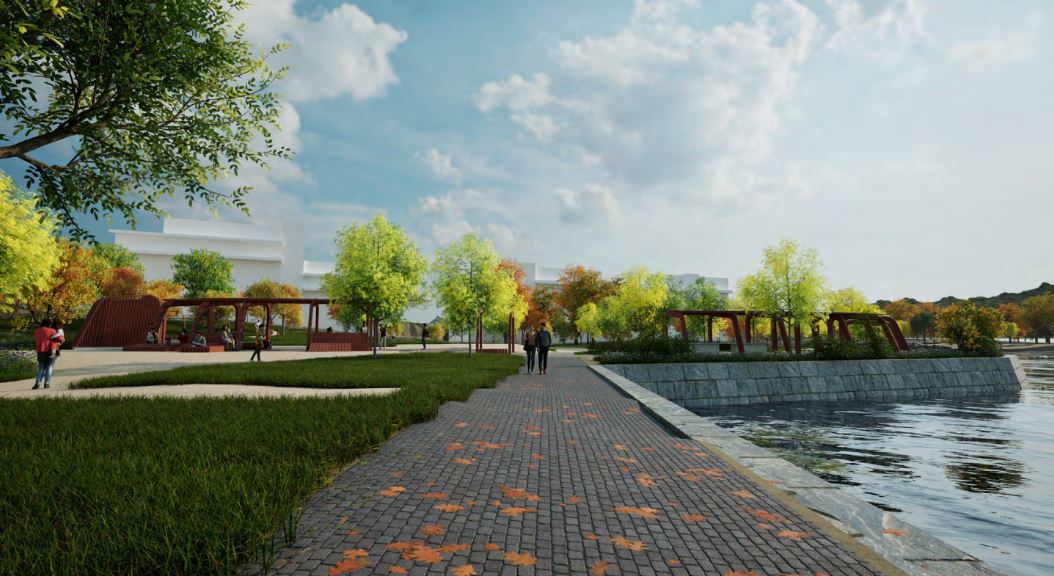 Illustrasjon av park med steinbelagt gangareal