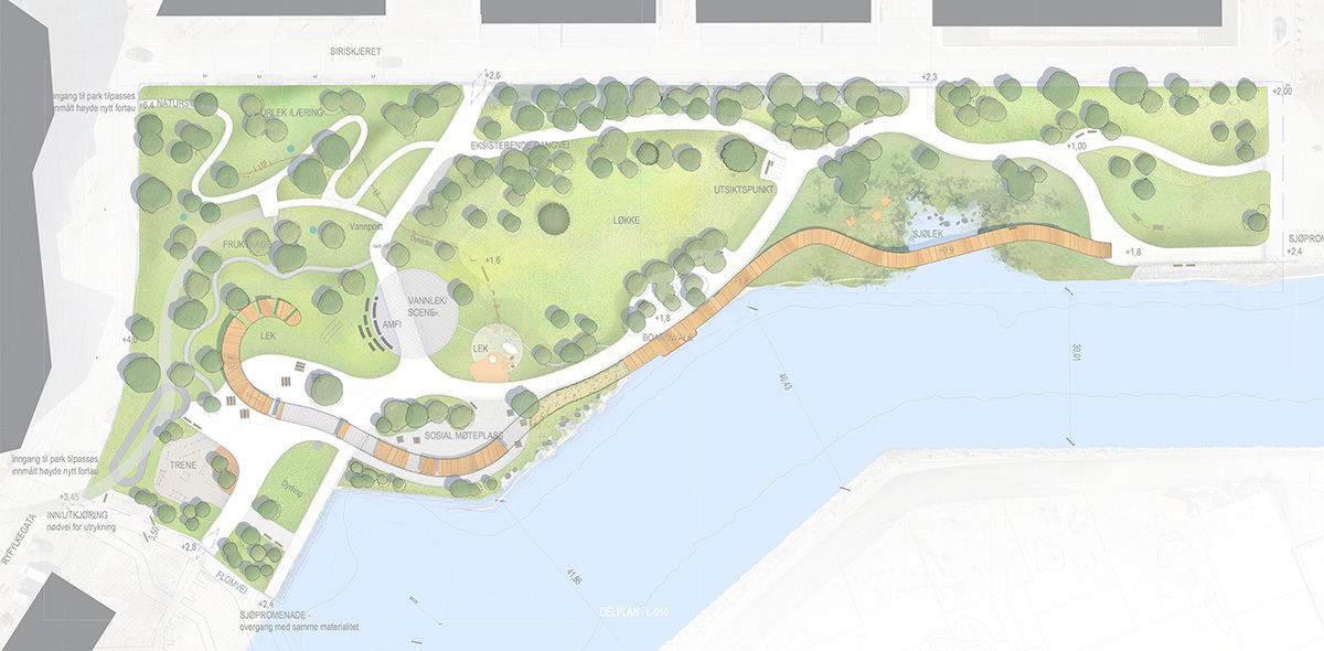 Plankart som viser hvordan parken skal bli, ovenfra, med en gangsti som snor seg gjennom parken, ulike soner som ulike typer aktiviteter, blant annet et sted for lek ved sjøen.