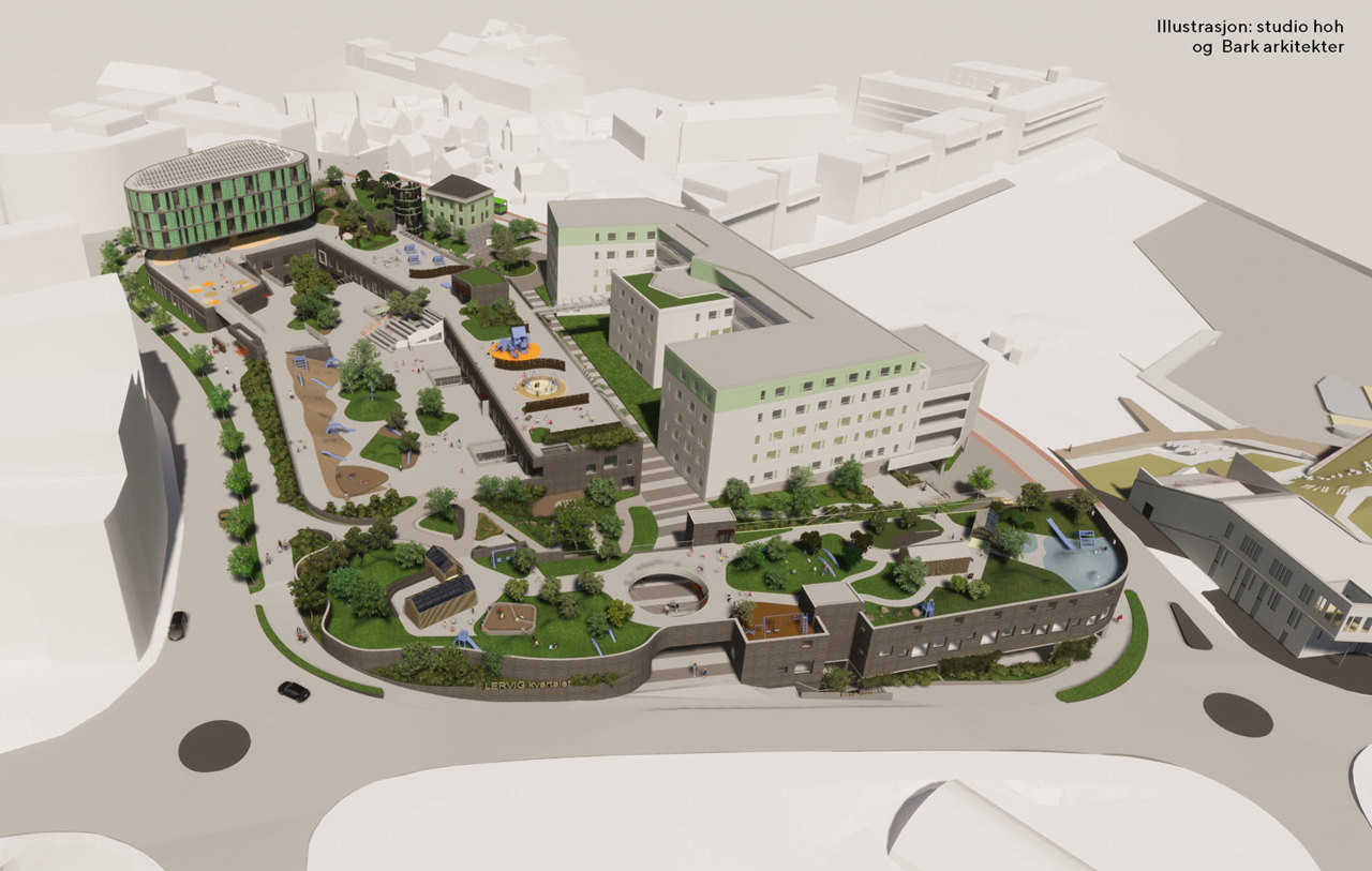 Lervigskvartalet. Rundkjøringen ved Storhaug-tunnelen til venstre i bildet, og Varmen brannstasjon nede til høyre. Lervigskvartalet, med tunnelmunningen til venstre i bildet, og den kommende brannstasjonen nede til høyre.