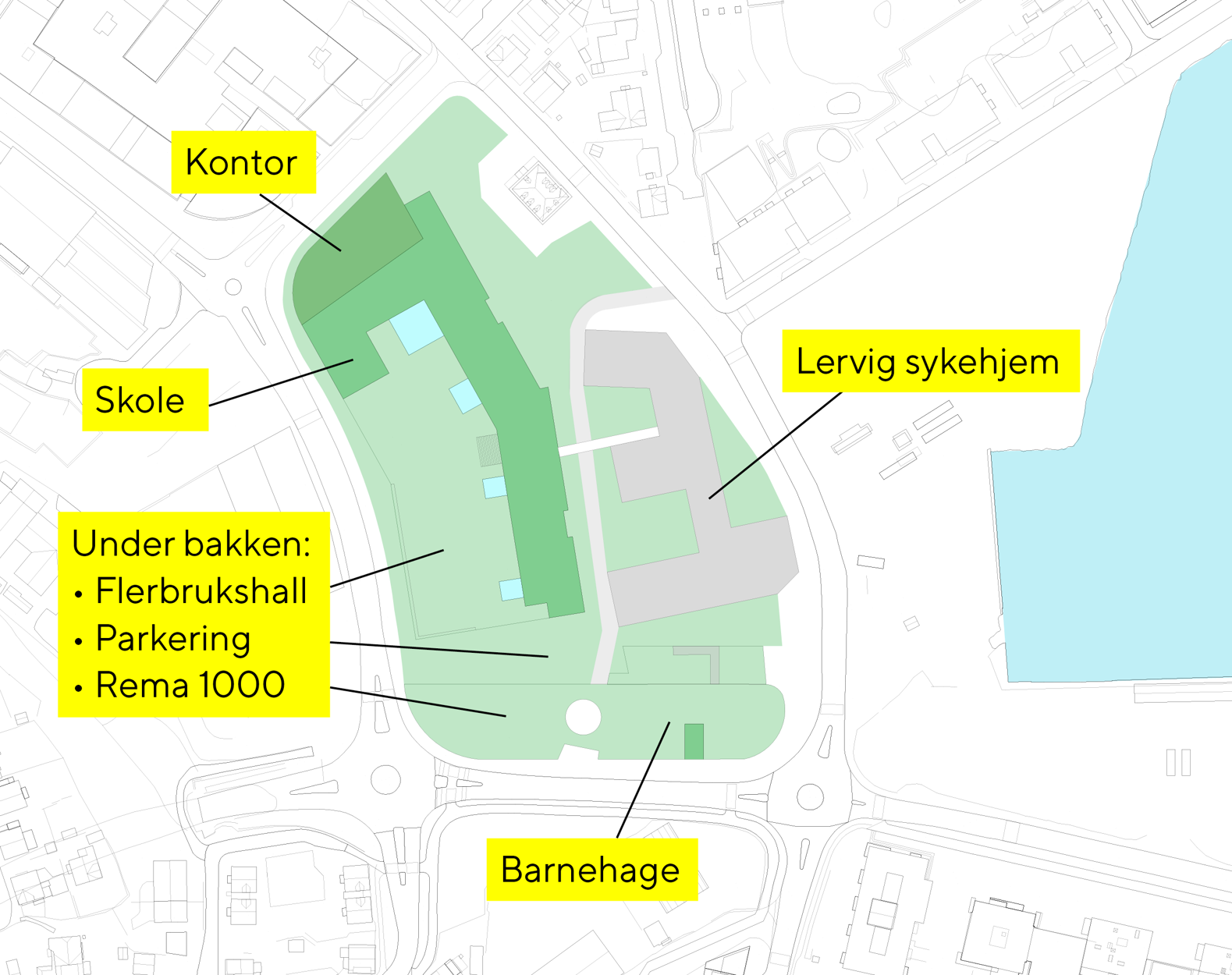 Tegning som viser hvor på tomta de ulike funksjonene skal plasseres.