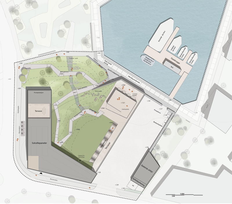 Foreløpig skisse av stasjonen og utearealet sett ovenfra. Det blir promenade langs sjøen. 