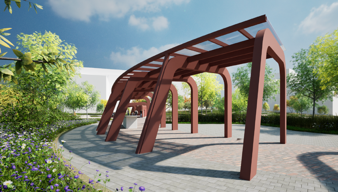 Illustrasjon: LINK arkitektur Illustrasjon av en rød pergola