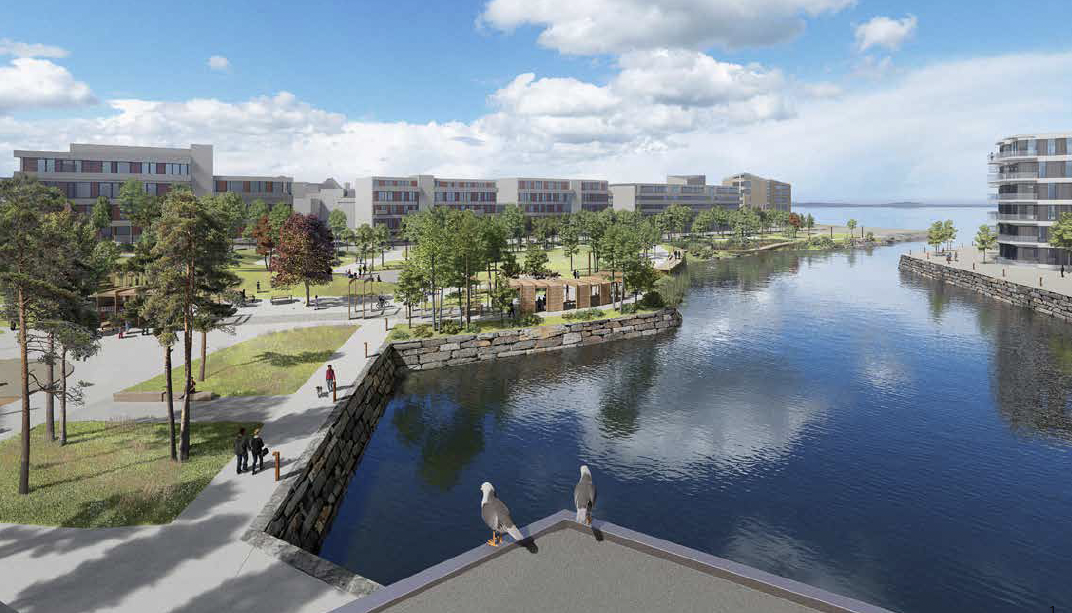 Illustrasjon av parken fra taket på brannstasjonen. Illustrasjon: Link arkitektur Oversiktskisse av parken