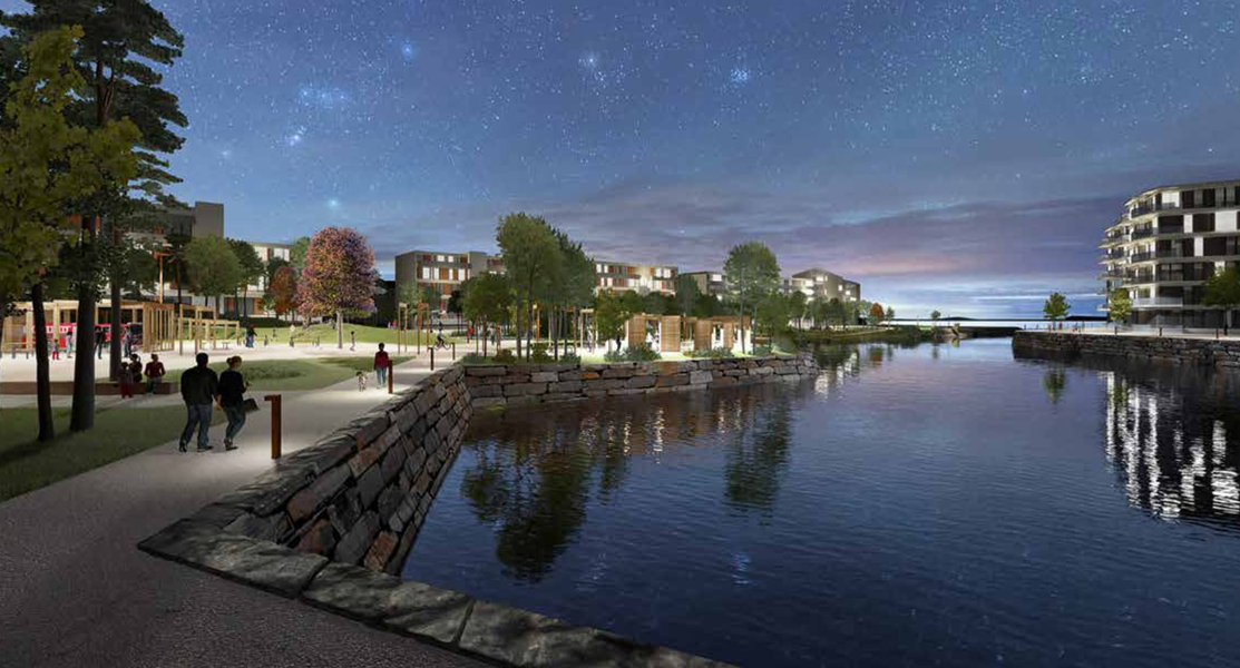 Belysning i parken. Perspektiv sett fra brannstasjonen - sjøpromenade  mot sentral plass. Illustrasjon: LINK arkitektur. Illustrasjon av området på kvelden