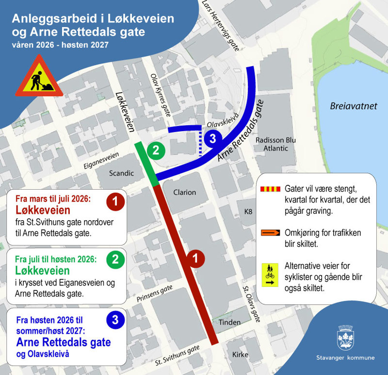 Kart over anleggsområdet og de tre etappene.