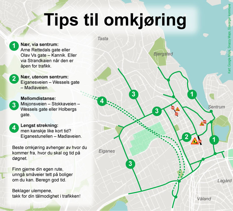 Kart som viser noen av omkjøringsmulighetene.