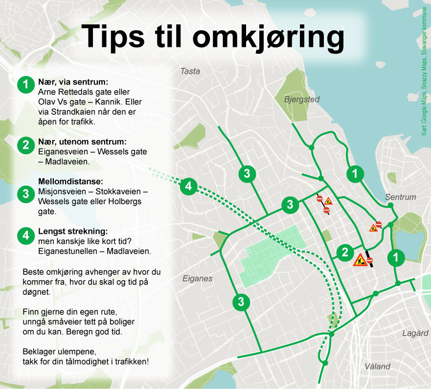 Kart som viser noen av omkjøringsmulighetene.