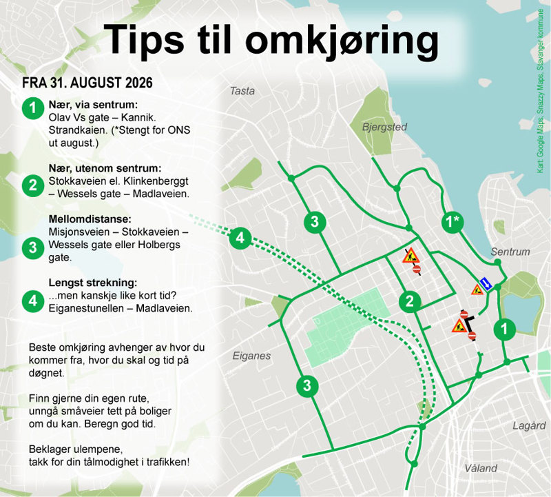 Kart som viser omkjøringstips fram til slutten av oktober 2026