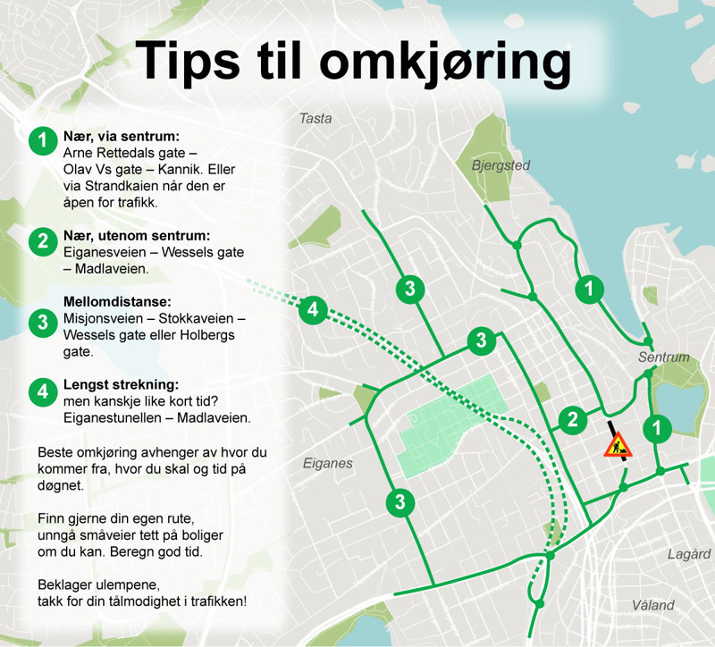 Kart som viser omkjøringsmuligheter.