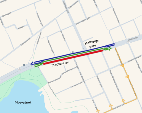 Kart over nytt kjøremønster og innkjøring over Madlaveien.