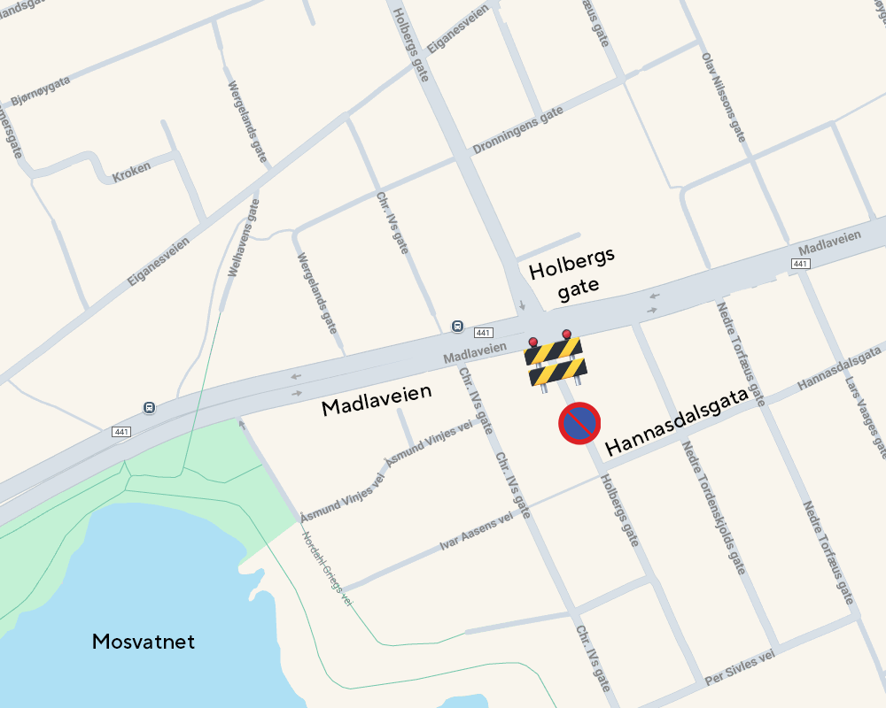 kart over stengt innkjørsel på madlaveien