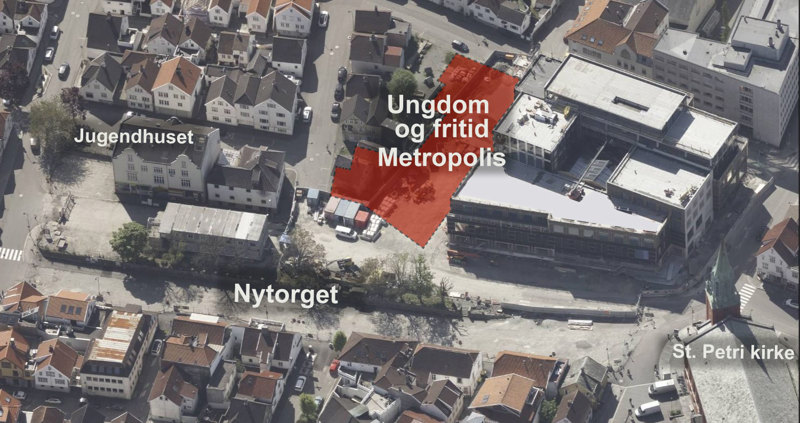 Nytorget og Metropolis-tomten sett fra luften.