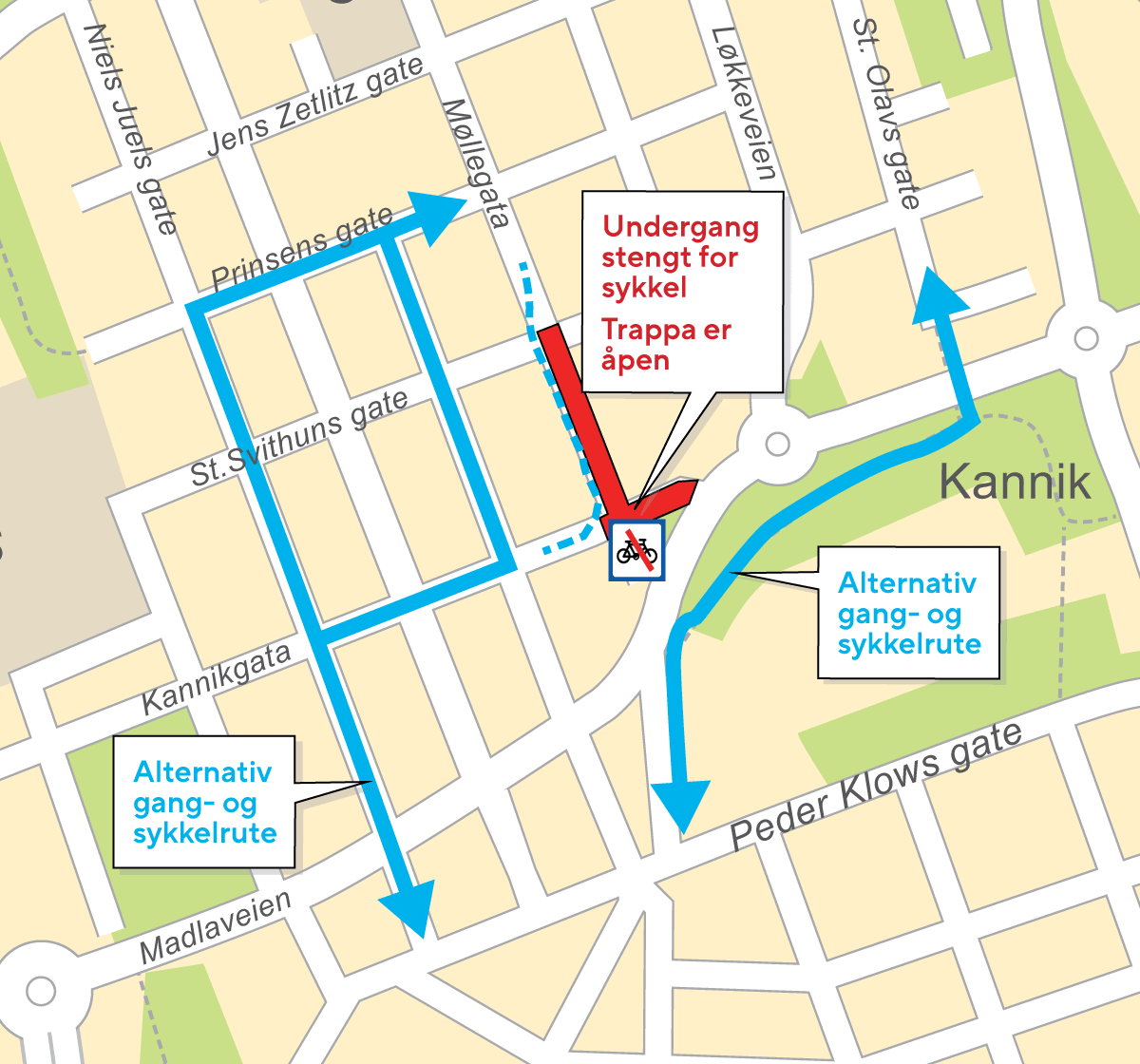 Kart som viser omvei for gående og syklende mens arbeidet pågår.