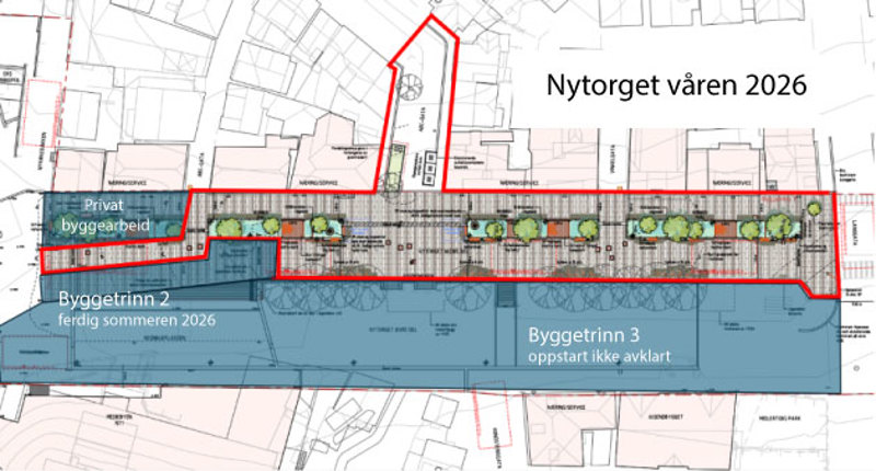 Kart som vioser nedre torg med passasje mellom byggetrinn 2 og privat byggearbeid ved Nytorget 4-6.