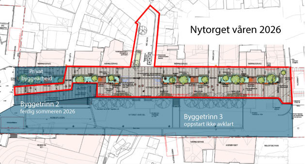 Kart som vioser nedre torg med passasje mellom byggetrinn 2 og privat byggearbeid ved Nytorget 4-6.