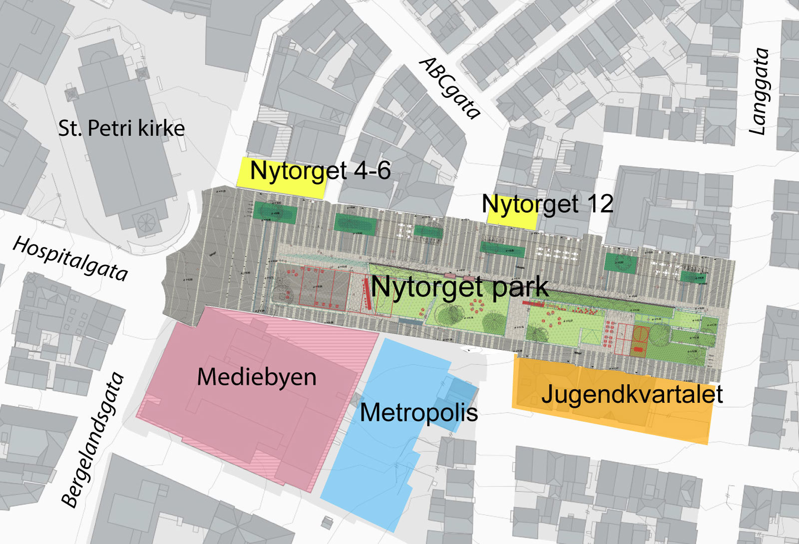 Kart som viser ulike byggeprosjekter rundt Nytorget.