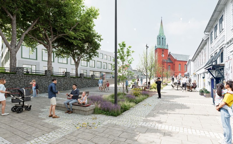 Illustrasjon som viser nedre del av Nytorget, med torg, beplantning og utemøbler.