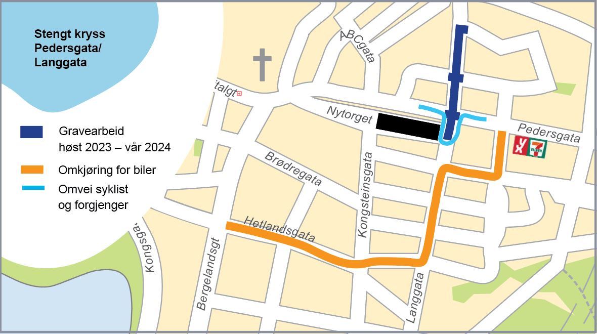 Kart som viser omkjøring så lenge krysset Pedersgata /Langgata er stengt.