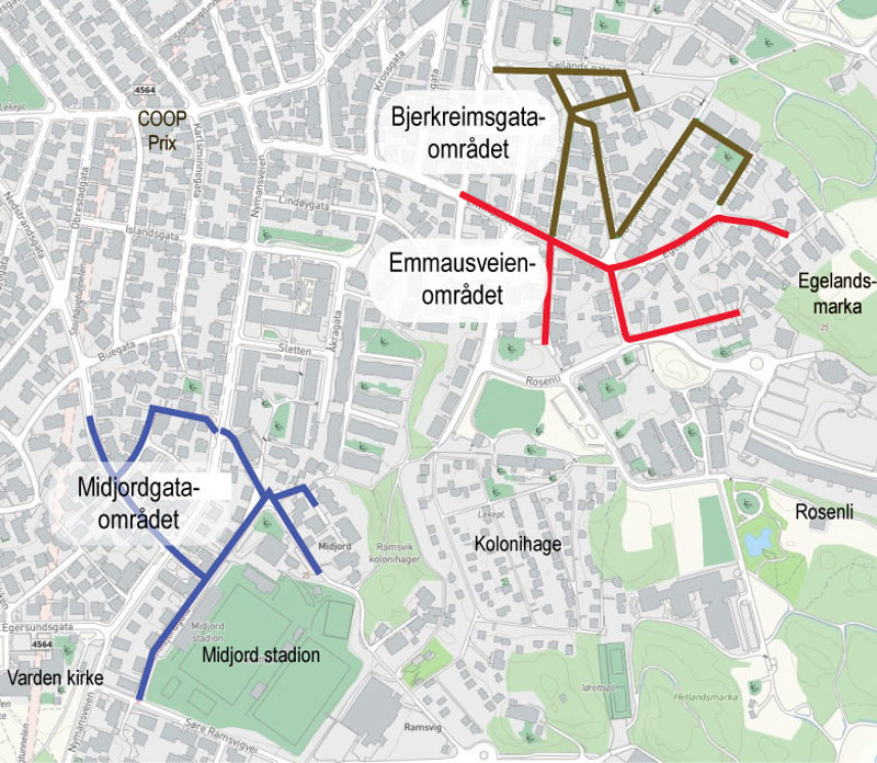 Kart som viser hvor graving skal skje, i tre etapper