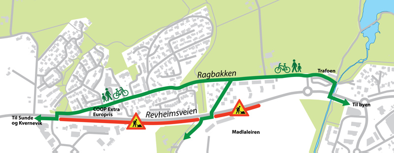 Kart over omvei om Ragbakken