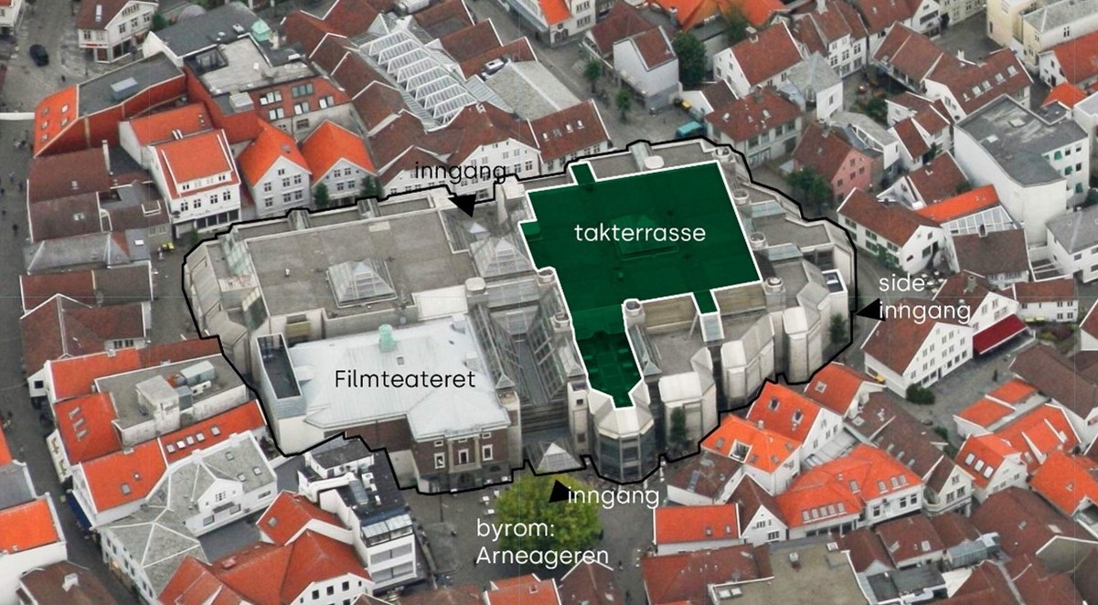 Sølvberget sett fra luften, takarealene for hage er merket av.