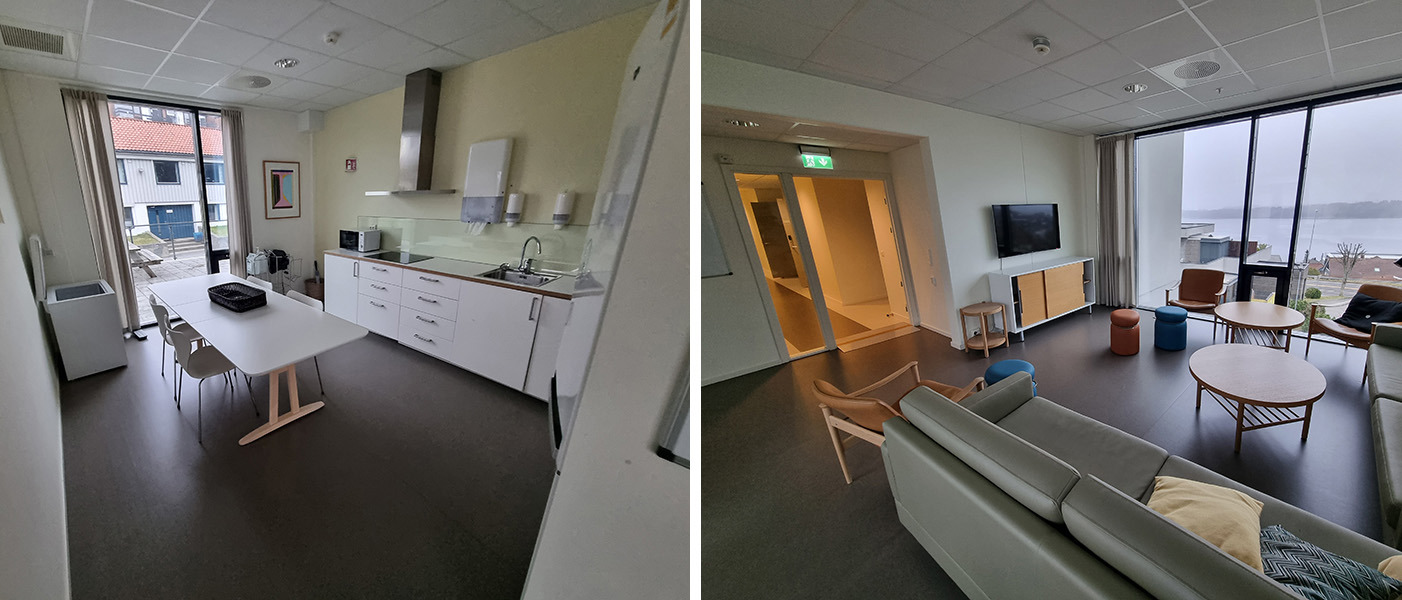 Møblert stue og kjøkken.